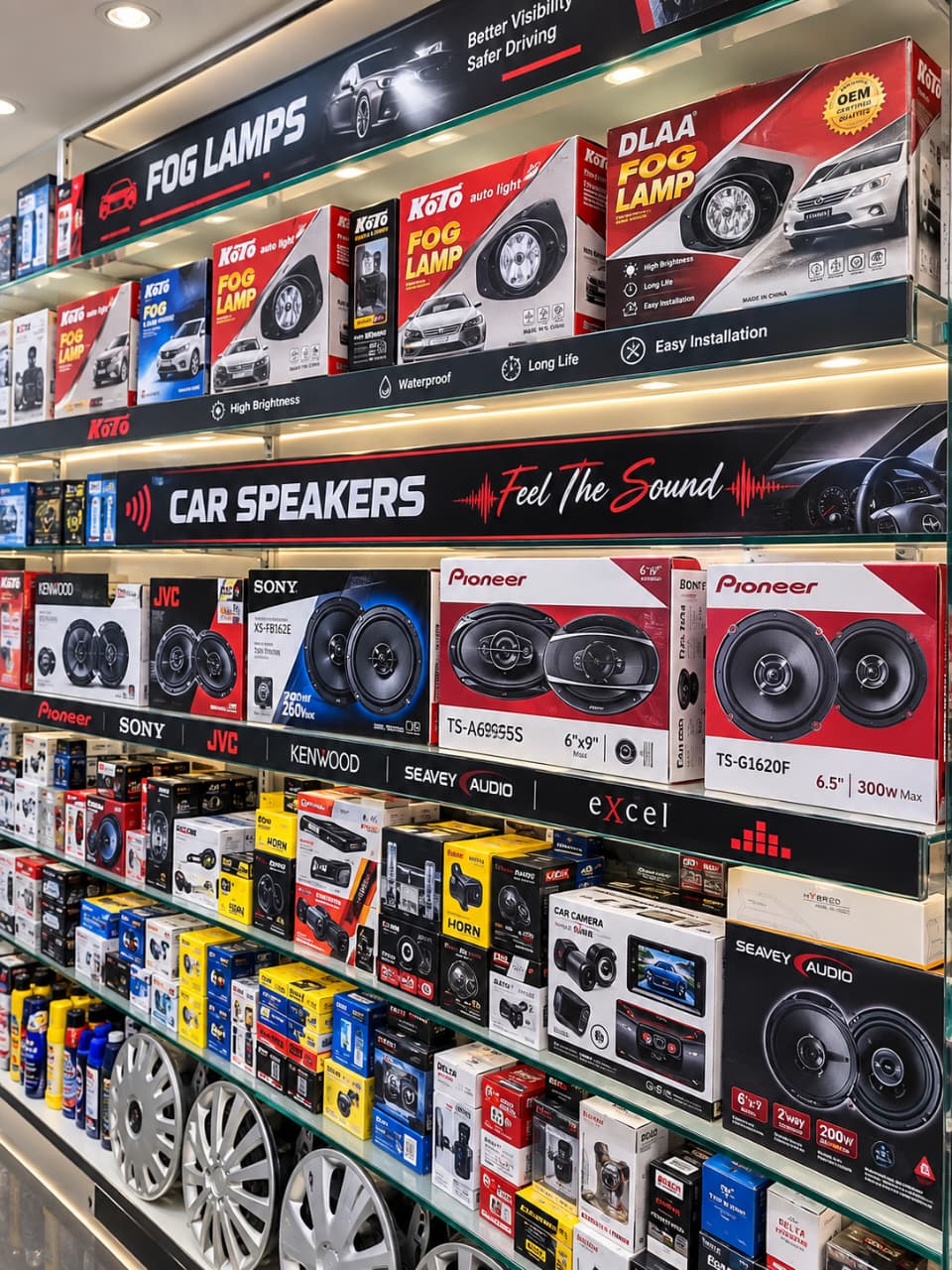 Premium car audio, lighting and accessories display at Nawab Auto Decoration Islamabad